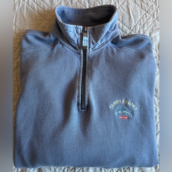 Tommy Bahama Other - Tommy Bahama Chest Logo High Neck 1/4 Zip Soft Fine Rib Pull Over in Blue Size S